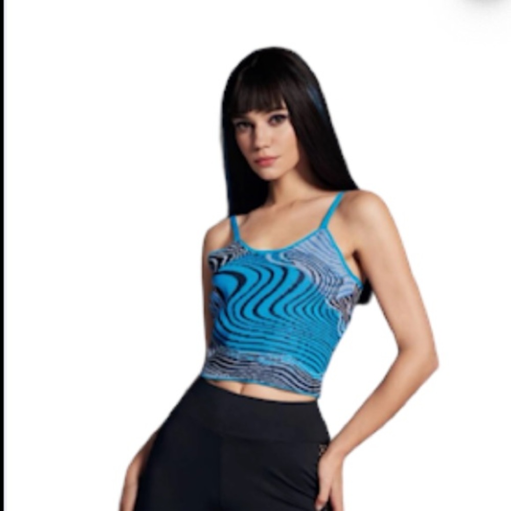 New Bikercore Blue & Black Wave Pattern Cami Knit Spaghetti Strap Top Size M/L - Picture 7 of 8